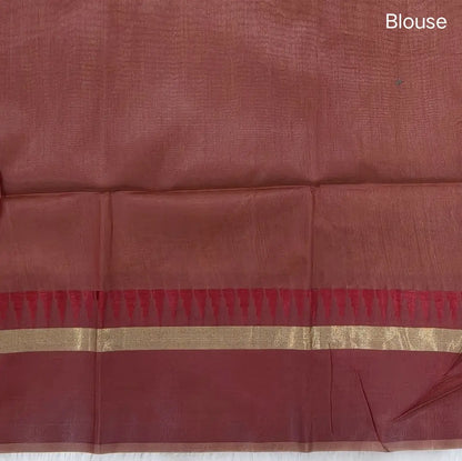 Beige with dark maroon silk cotton saree with thread woven double side borders, zari striped short pallu and contrast blouse with borders. NS80