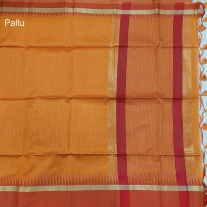 Light orange with reddish maroon silk cotton saree with thread woven double side borders, zari striped short pallu and contrast blouse with borders. NS82