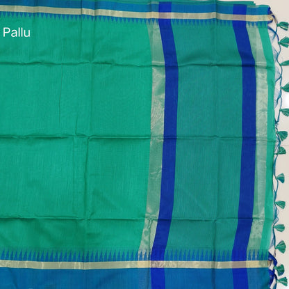 Teal green with ink blue silk cotton saree with thread woven double side borders, zari striped short pallu and contrast blouse with borders. NS83