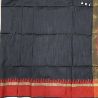 Black with maroon silk cotton saree with thread woven double side borders, zari striped short pallu and contrast blouse with borders. NS84