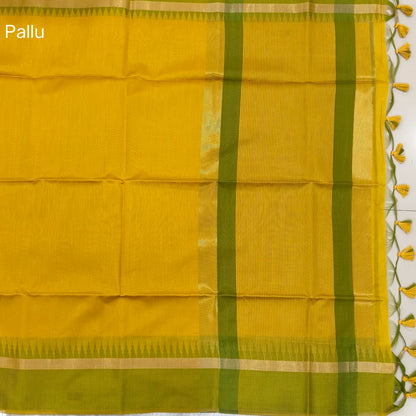 Mehandhi yellow with mossy green silk cotton saree with thread woven double side borders, zari striped short pallu and contrast blouse with borders. NS85
