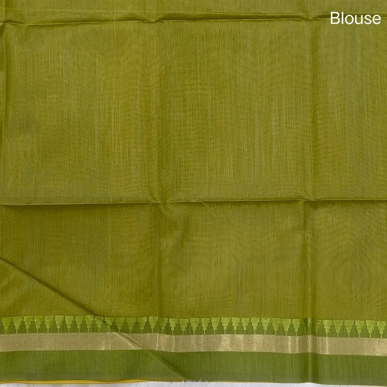 Mehandhi yellow with mossy green silk cotton saree with thread woven double side borders, zari striped short pallu and contrast blouse with borders. NS85