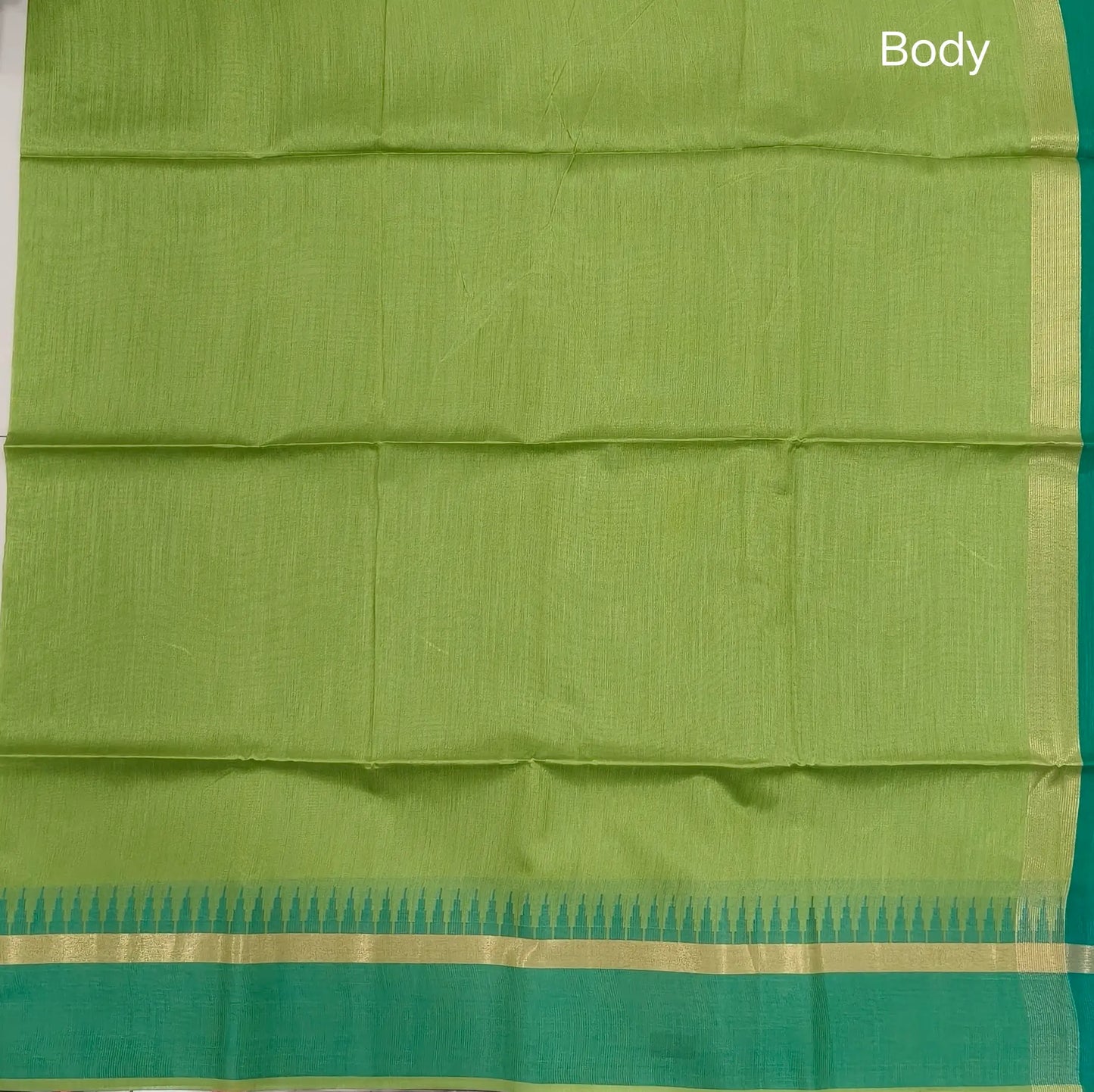 Light green with turquoise green silk cotton saree with thread woven double side borders, zari striped short pallu and contrast blouse with borders. NS81