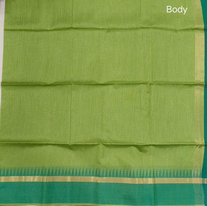 Light green with turquoise green silk cotton saree with thread woven double side borders, zari striped short pallu and contrast blouse with borders. NS81