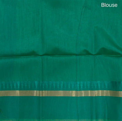 Light green with turquoise green silk cotton saree with thread woven double side borders, zari striped short pallu and contrast blouse with borders. NS81