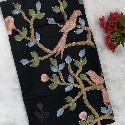 Black Premium kota silk saree (lightweight, thin, soft) hand brush paint work highlighted with thread and sequins detailing,rich pallu. kota silk blouse with brush paint work. NS94