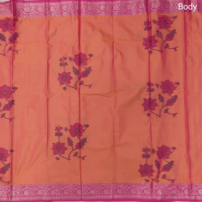 Peachish Pink dual shaded ikat printed soft silk saree with silver zari woven double side borders, contrast printed pallu, contrast running blouse with zari woven borders. NS95