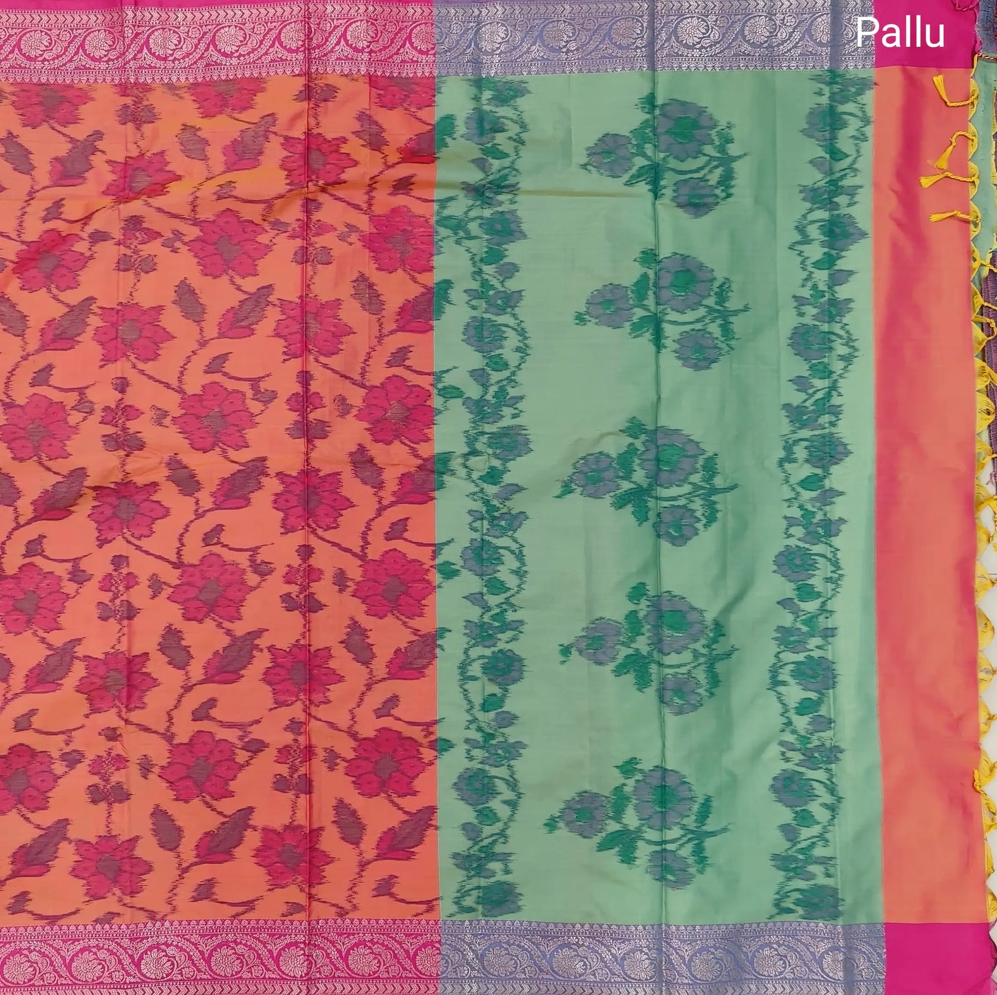Peachish Pink dual shaded ikat printed soft silk saree with silver zari woven double side borders, contrast printed pallu, contrast running blouse with zari woven borders. NS95