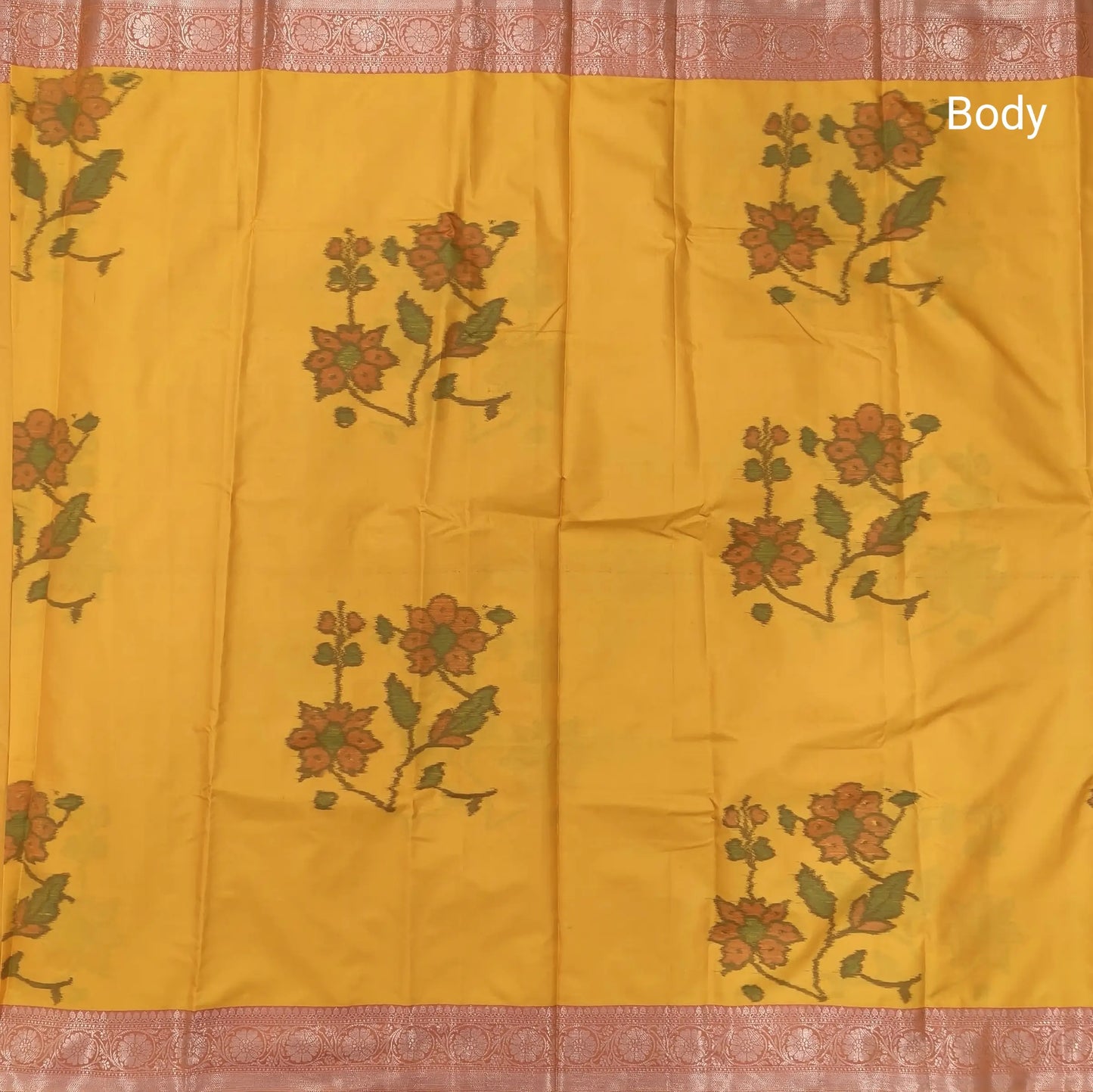 Mango Yellow dual shaded ikat printed soft silk saree with silver zari woven double side borders, contrast printed pallu, contrast running blouse with zari woven borders. NS96
