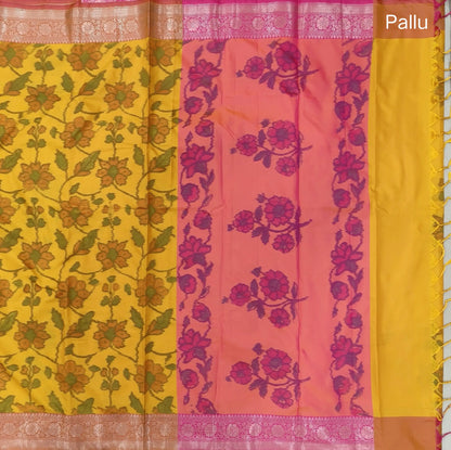 Mango Yellow dual shaded ikat printed soft silk saree with silver zari woven double side borders, contrast printed pallu, contrast running blouse with zari woven borders. NS96