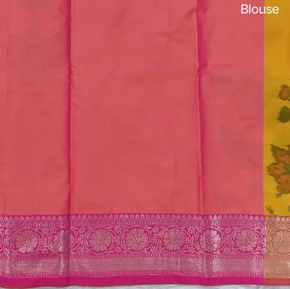 Mango Yellow dual shaded ikat printed soft silk saree with silver zari woven double side borders, contrast printed pallu, contrast running blouse with zari woven borders. NS96