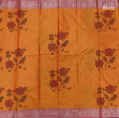 Orange dual shaded ikat printed soft silk saree with silver zari woven double side borders, contrast printed pallu, contrast running blouse with zari woven borders. NS97
