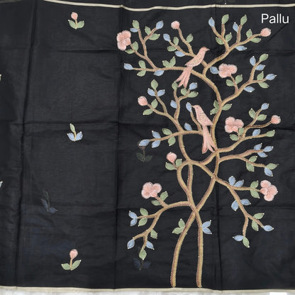 Black Premium kota silk saree (lightweight, thin, soft) hand brush paint work highlighted with thread and sequins detailing,rich pallu. kota silk blouse with brush paint work. NS94