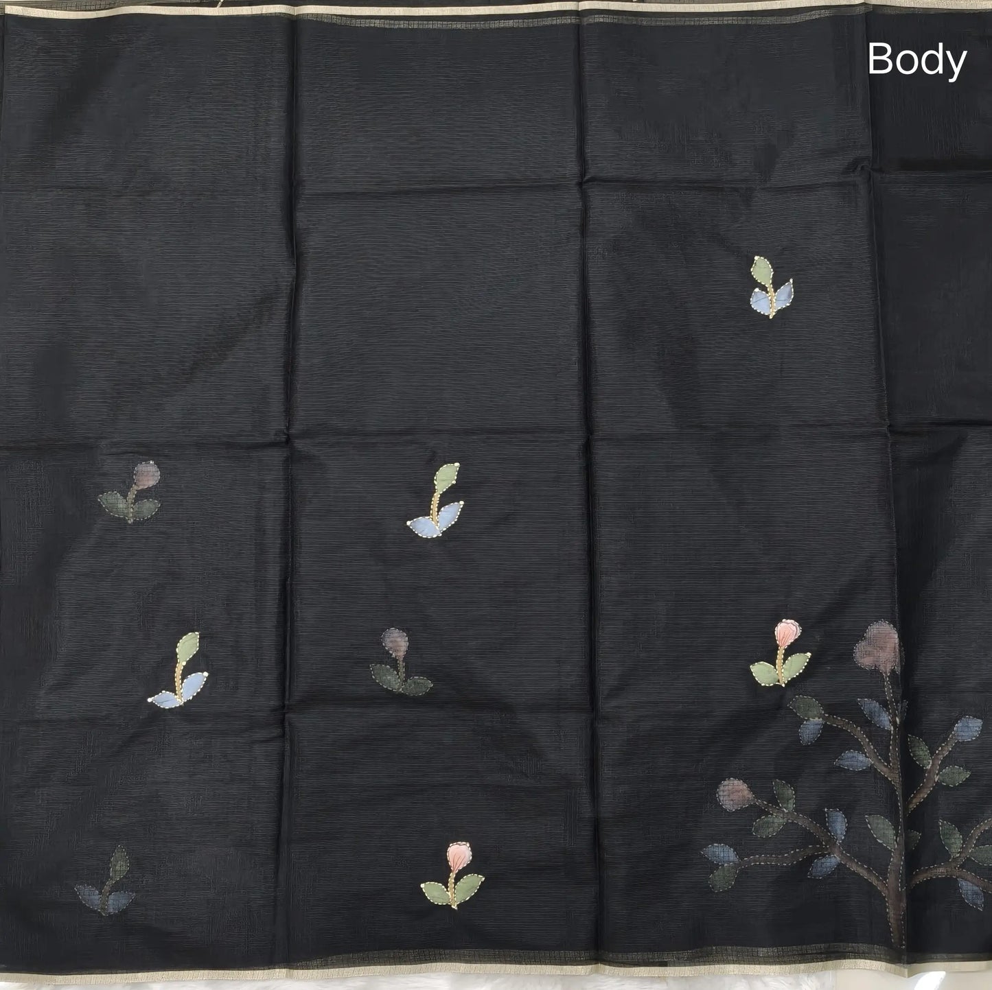 Black Premium kota silk saree (lightweight, thin, soft) hand brush paint work highlighted with thread and sequins detailing,rich pallu. kota silk blouse with brush paint work. NS94
