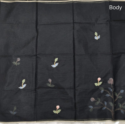 Black Premium kota silk saree (lightweight, thin, soft) hand brush paint work highlighted with thread and sequins detailing,rich pallu. kota silk blouse with brush paint work. NS94