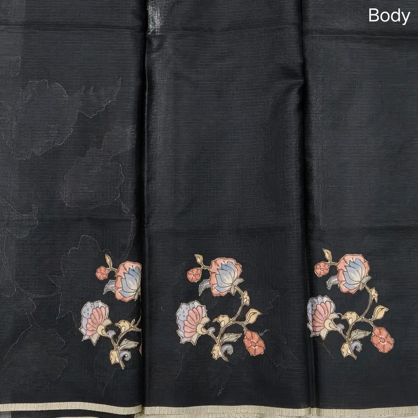 Black Premium kota silk saree (lightweight, thin, soft) kalamkari art silk applique work,rich pallu. Digital printed art silk blouse. NS92