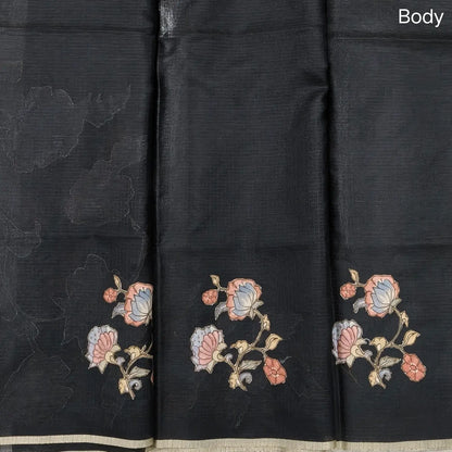 Black Premium kota silk saree (lightweight, thin, soft) kalamkari art silk applique work,rich pallu. Digital printed art silk blouse. NS92