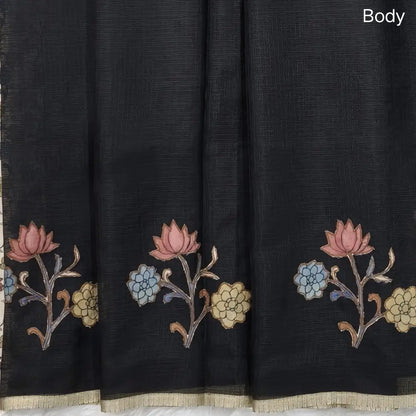 Black Premium kota silk saree (lightweight, thin, soft) kalamkari art silk applique work,rich pallu. Digital printed art silk blouse. NS93