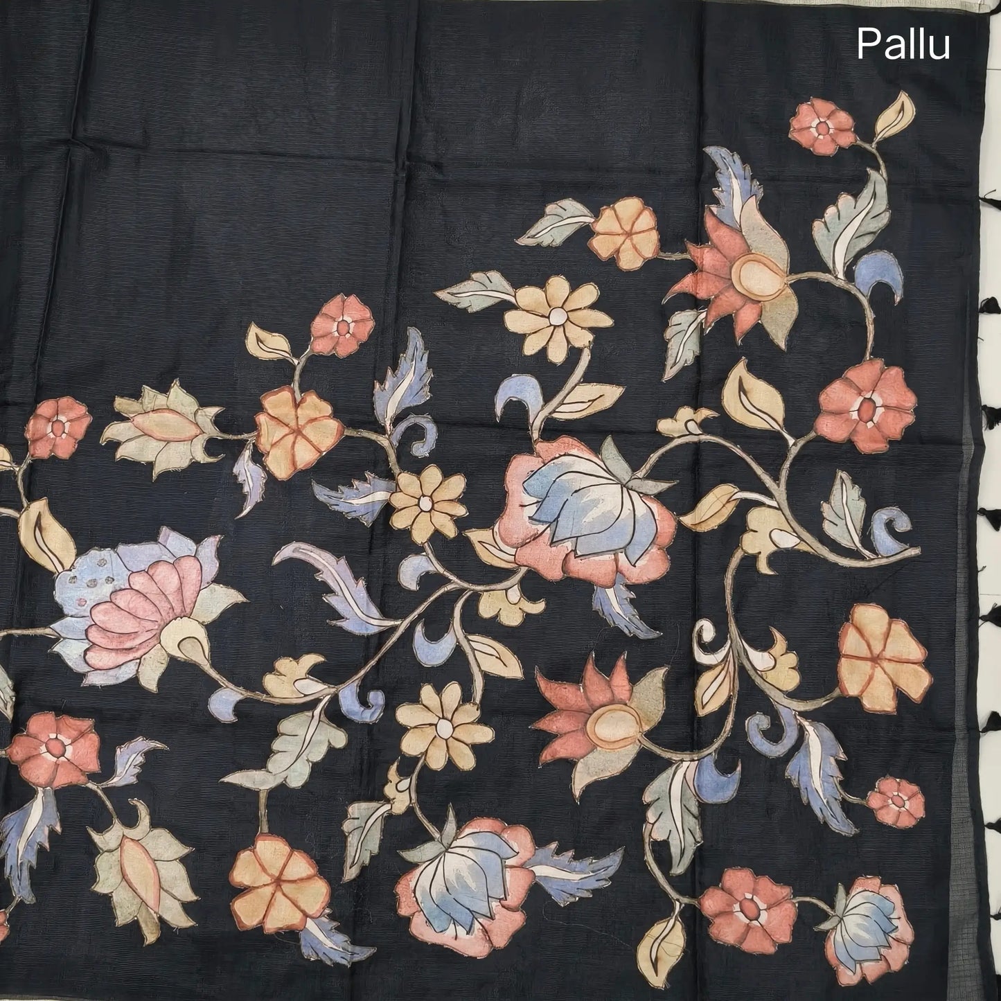 Black Premium kota silk saree (lightweight, thin, soft) kalamkari art silk applique work,rich pallu. Digital printed art silk blouse. NS92