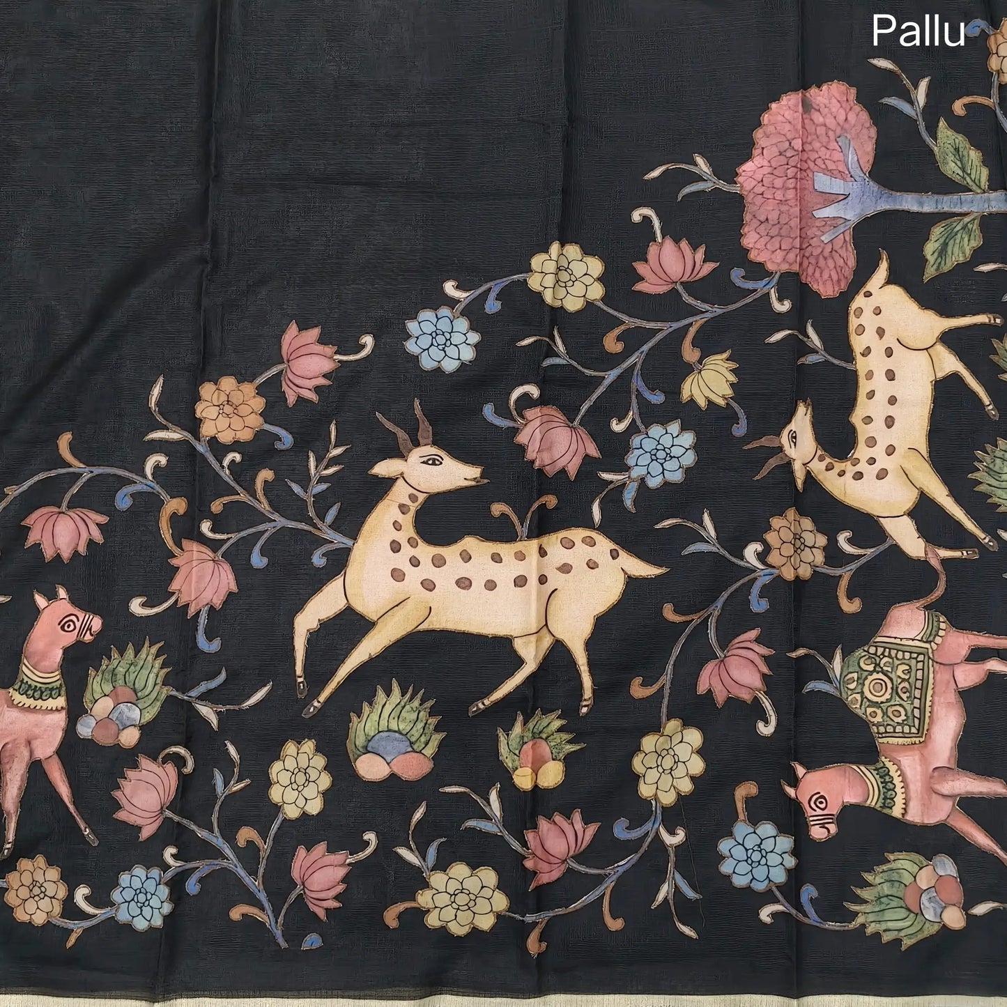 Black Premium kota silk saree (lightweight, thin, soft) kalamkari art silk applique work,rich pallu. Digital printed art silk blouse. NS93