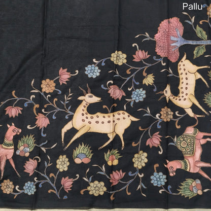 Black Premium kota silk saree (lightweight, thin, soft) kalamkari art silk applique work,rich pallu. Digital printed art silk blouse. NS93