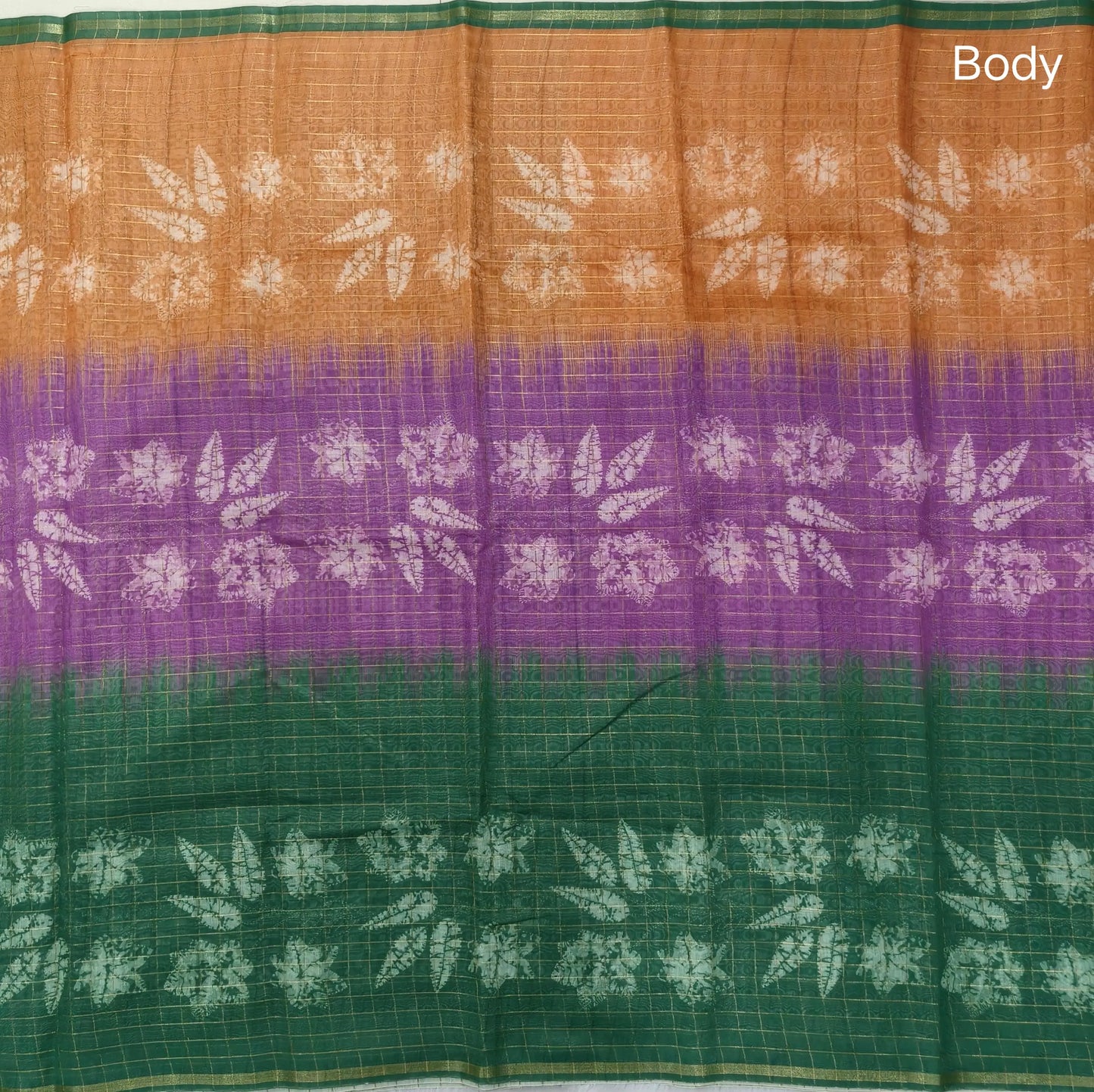 Orange, purple and green shibori printed soft silk cotton saree with zari checks all over, contrast kalamkari print on pallu, contrast running blouse with zari checks. NS86