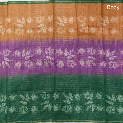 Orange, purple and green shibori printed soft silk cotton saree with zari checks all over, contrast kalamkari print on pallu, contrast running blouse with zari checks. NS86