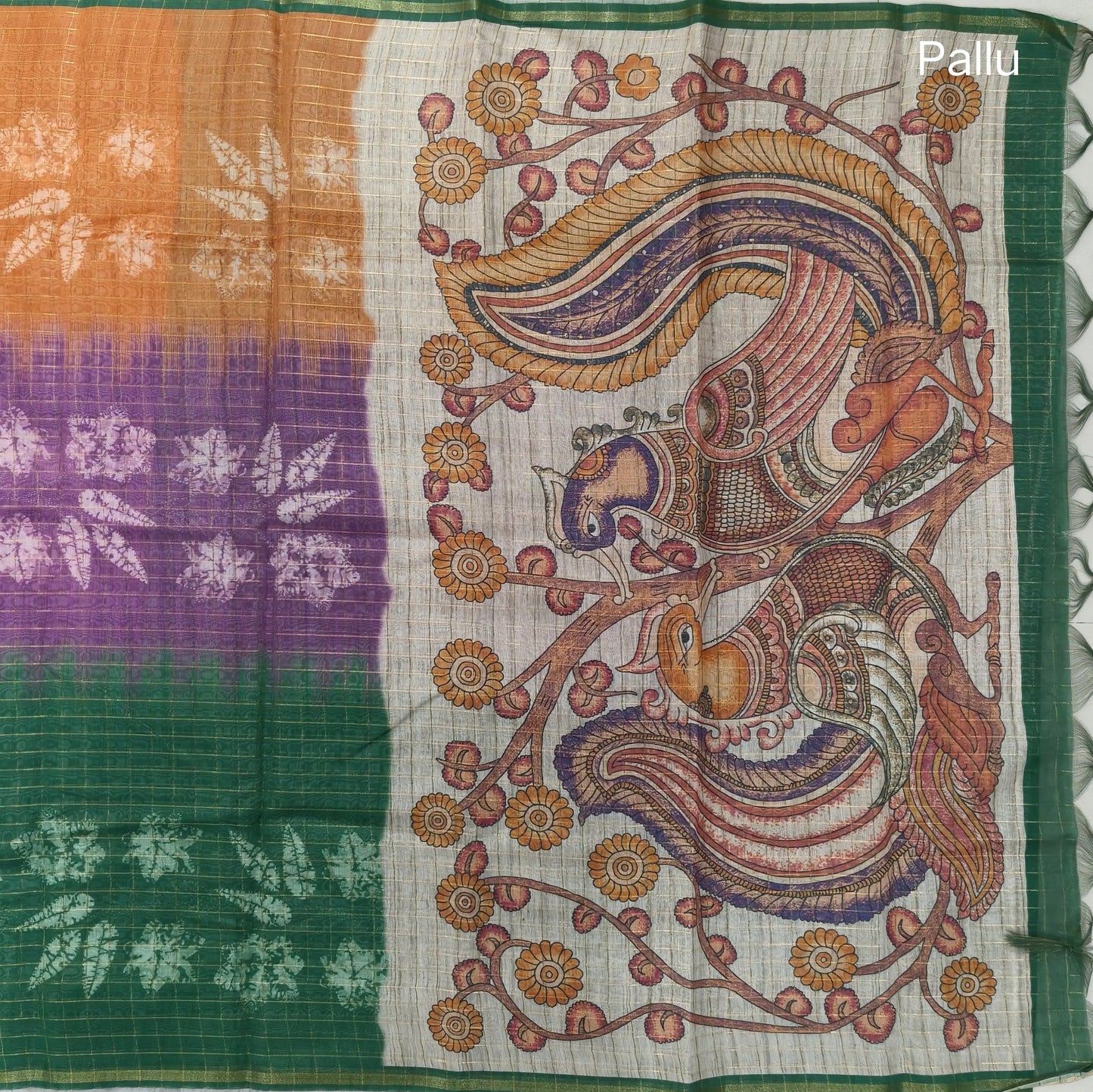 Orange, purple and green shibori printed soft silk cotton saree with zari checks all over, contrast kalamkari print on pallu, contrast running blouse with zari checks. NS86
