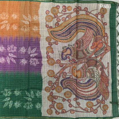 Orange, purple and green shibori printed soft silk cotton saree with zari checks all over, contrast kalamkari print on pallu, contrast running blouse with zari checks. NS86