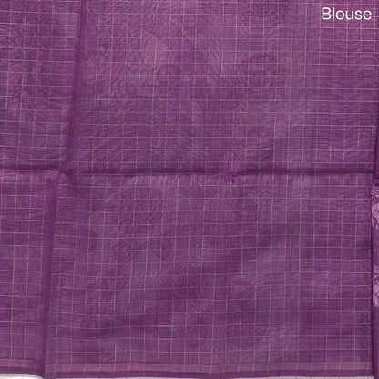Light green, orange and purple shibori printed soft silk cotton saree with zari checks all over, contrast kalamkari print on pallu, contrast running blouse with zari checks. NS91