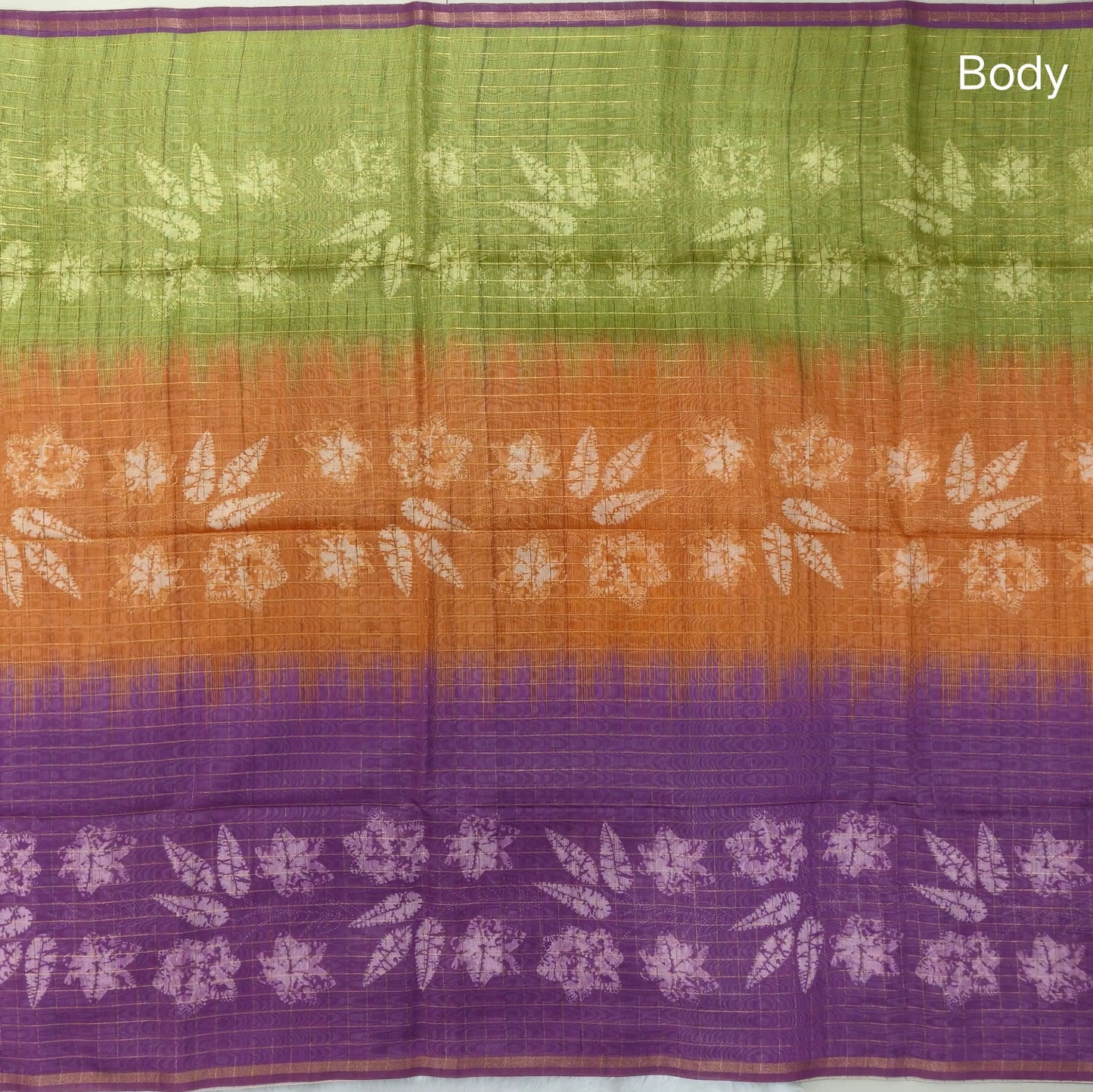 Light green, orange and purple shibori printed soft silk cotton saree with zari checks all over, contrast kalamkari print on pallu, contrast running blouse with zari checks. NS91