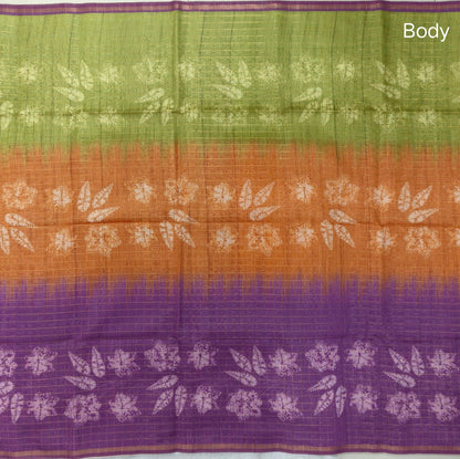 Light green, orange and purple shibori printed soft silk cotton saree with zari checks all over, contrast kalamkari print on pallu, contrast running blouse with zari checks. NS91