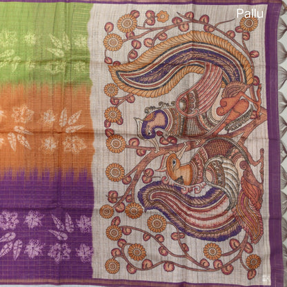 Light green, orange and purple shibori printed soft silk cotton saree with zari checks all over, contrast kalamkari print on pallu, contrast running blouse with zari checks. NS91