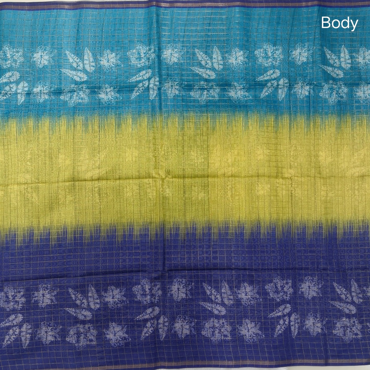 Light blue, yellow and dark blue shibori printed soft silk cotton saree with zari checks all over, contrast kalamkari print on pallu, contrast running blouse with zari checks. NS90