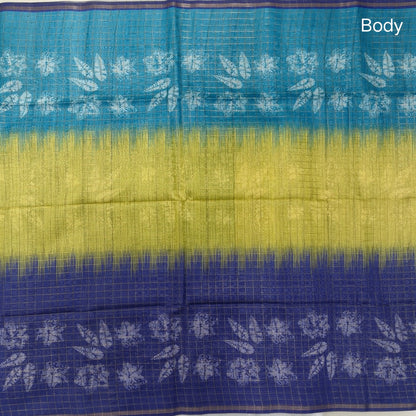 Light blue, yellow and dark blue shibori printed soft silk cotton saree with zari checks all over, contrast kalamkari print on pallu, contrast running blouse with zari checks. NS90