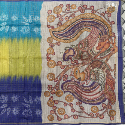 Light blue, yellow and dark blue shibori printed soft silk cotton saree with zari checks all over, contrast kalamkari print on pallu, contrast running blouse with zari checks. NS90