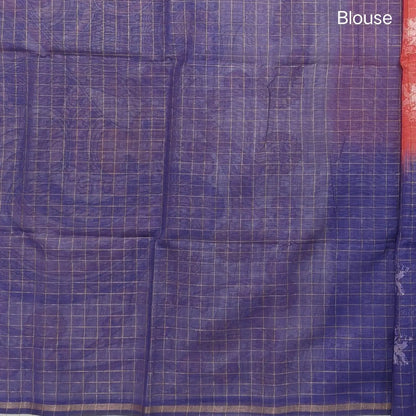 Orange, pink and purple shibori printed soft silk cotton saree with zari checks all over, contrast kalamkari print on pallu, contrast running blouse with zari checks. NS87