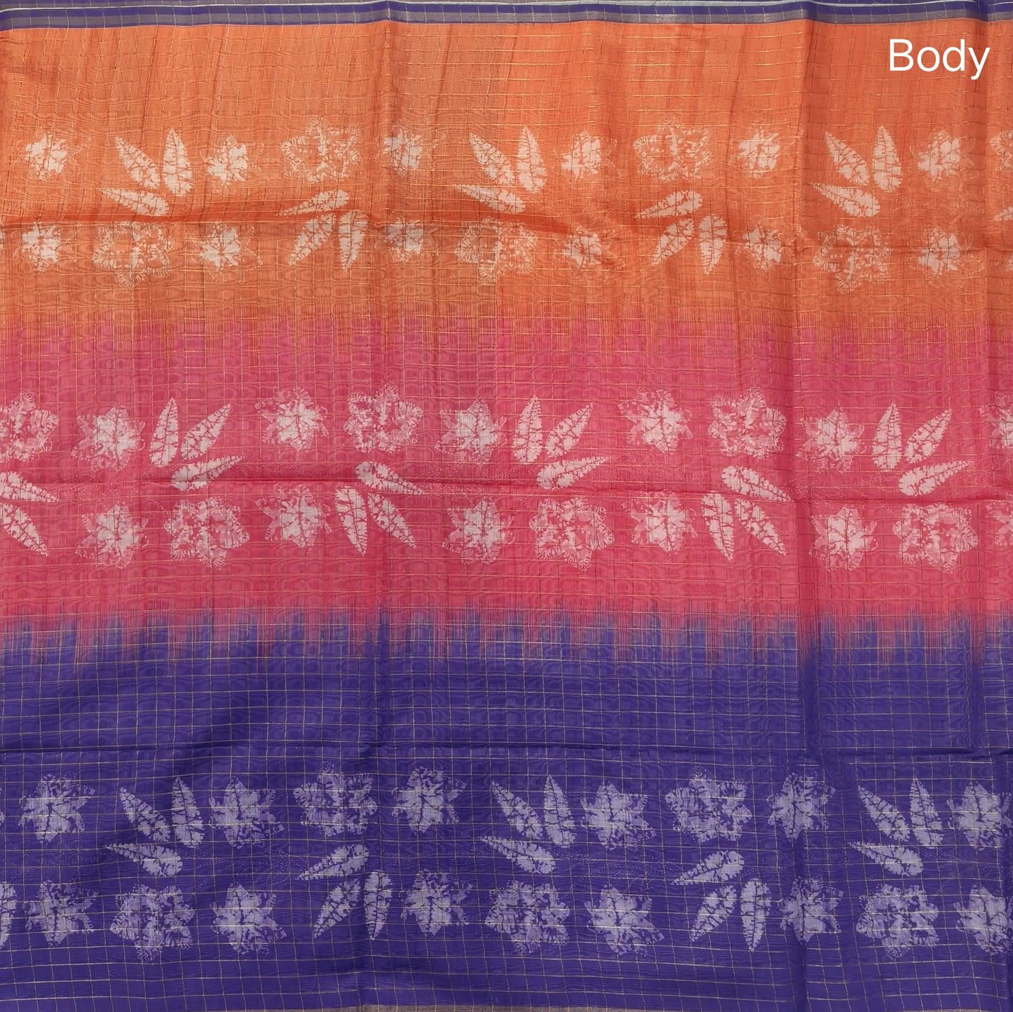Orange, pink and purple shibori printed soft silk cotton saree with zari checks all over, contrast kalamkari print on pallu, contrast running blouse with zari checks. NS87