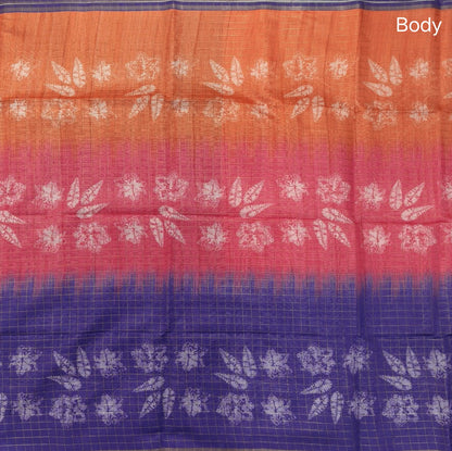 Orange, pink and purple shibori printed soft silk cotton saree with zari checks all over, contrast kalamkari print on pallu, contrast running blouse with zari checks. NS87