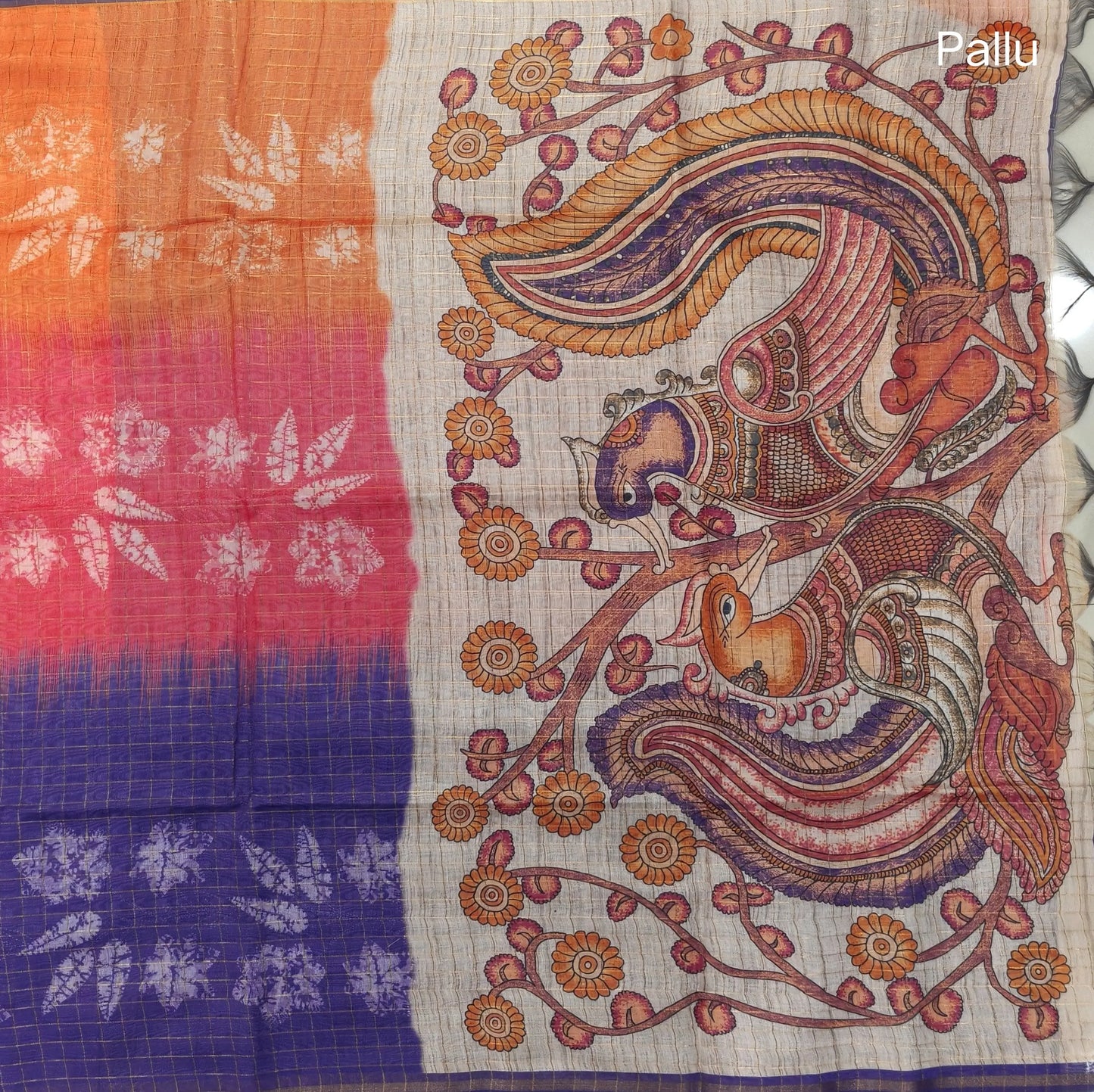 Orange, pink and purple shibori printed soft silk cotton saree with zari checks all over, contrast kalamkari print on pallu, contrast running blouse with zari checks. NS87