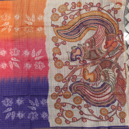 Orange, pink and purple shibori printed soft silk cotton saree with zari checks all over, contrast kalamkari print on pallu, contrast running blouse with zari checks. NS87