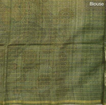 Pink, purple and green shibori printed soft silk cotton saree with zari checks all over, contrast kalamkari print on pallu, contrast running blouse with zari checks. NS88