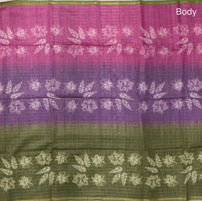Pink, purple and green shibori printed soft silk cotton saree with zari checks all over, contrast kalamkari print on pallu, contrast running blouse with zari checks. NS88