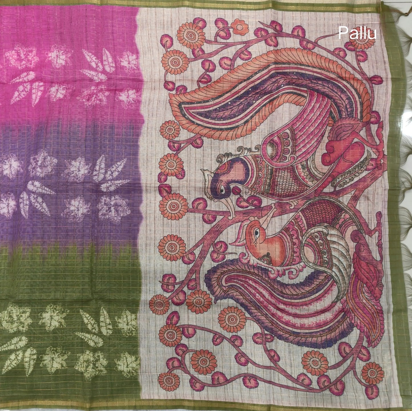 Pink, purple and green shibori printed soft silk cotton saree with zari checks all over, contrast kalamkari print on pallu, contrast running blouse with zari checks. NS88