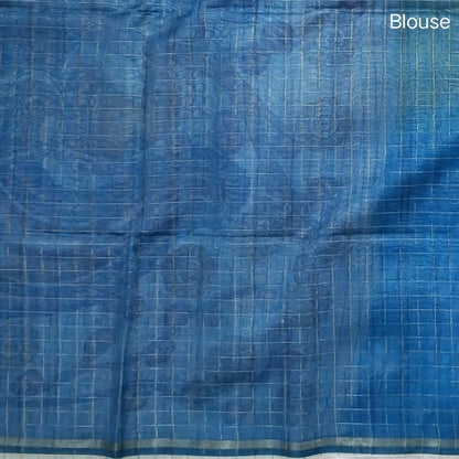 Pink, light green and teal blue shibori printed soft silk cotton saree with zari checks all over, contrast kalamkari print on pallu, contrast running blouse with zari checks. NS89