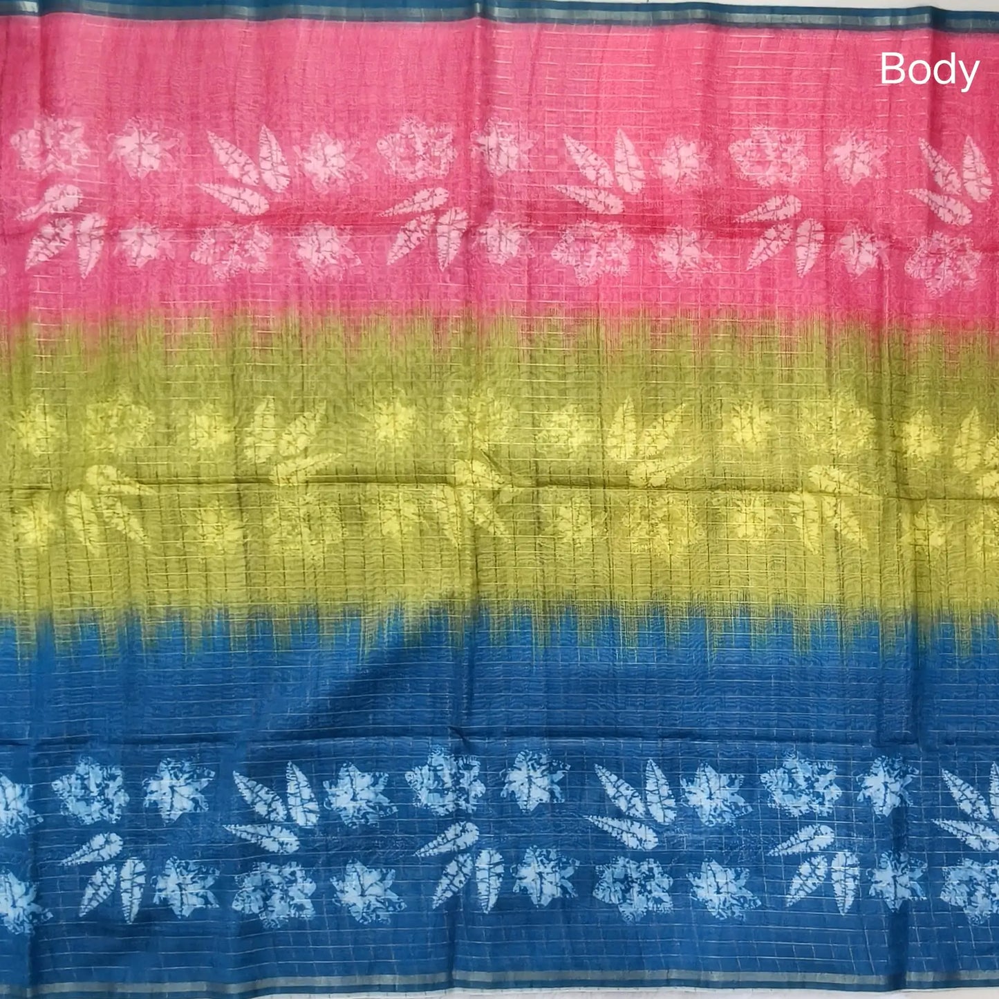 Pink, light green and teal blue shibori printed soft silk cotton saree with zari checks all over, contrast kalamkari print on pallu, contrast running blouse with zari checks. NS89