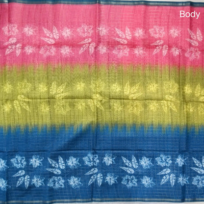 Pink, light green and teal blue shibori printed soft silk cotton saree with zari checks all over, contrast kalamkari print on pallu, contrast running blouse with zari checks. NS89
