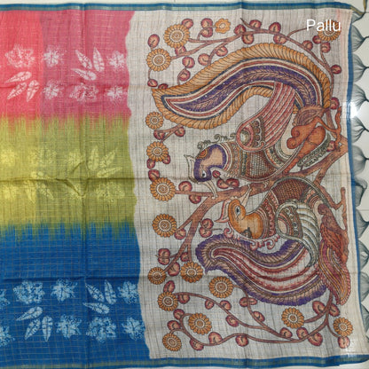 Pink, light green and teal blue shibori printed soft silk cotton saree with zari checks all over, contrast kalamkari print on pallu, contrast running blouse with zari checks. NS89