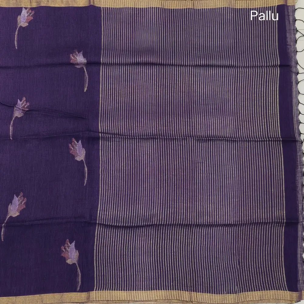 Purple pure linen jamdani woven saree,with gold tissue double side borders,striped tissue pallu with tassles, plain running blouse with borders.(DRY CLEAN RECOMMENDED ). NS114