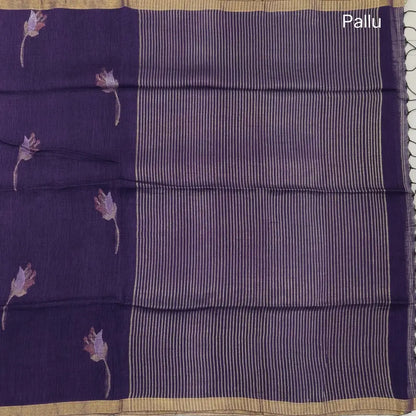 Purple pure linen jamdani woven saree,with gold tissue double side borders,striped tissue pallu with tassles, plain running blouse with borders.(DRY CLEAN RECOMMENDED ). NS114
